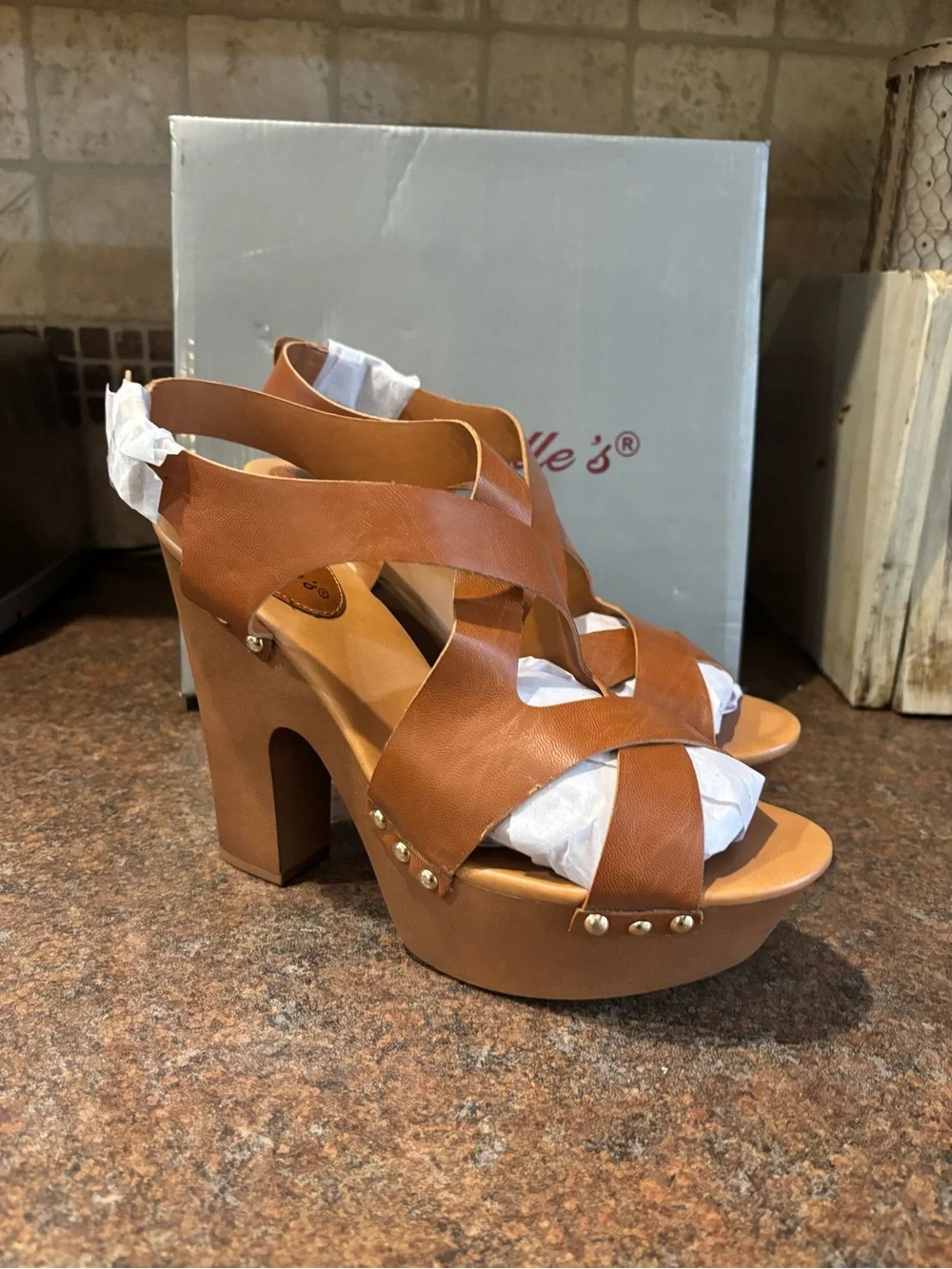 Breckelles Cognac Brown Crisscross Platform Heels